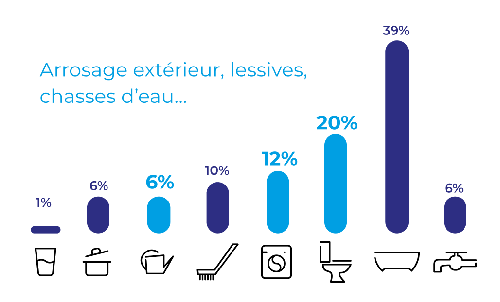 
        Graphique montrant les différents usage de l'eau potable:
        boire (1%), cuisiner (6%), arrosager (6%), faire le ménage (10%),
        laver le linge (12%), tirer la chasse d'eau (20%), prendre une douche
        ou un bain (39%), autre (6%)
      